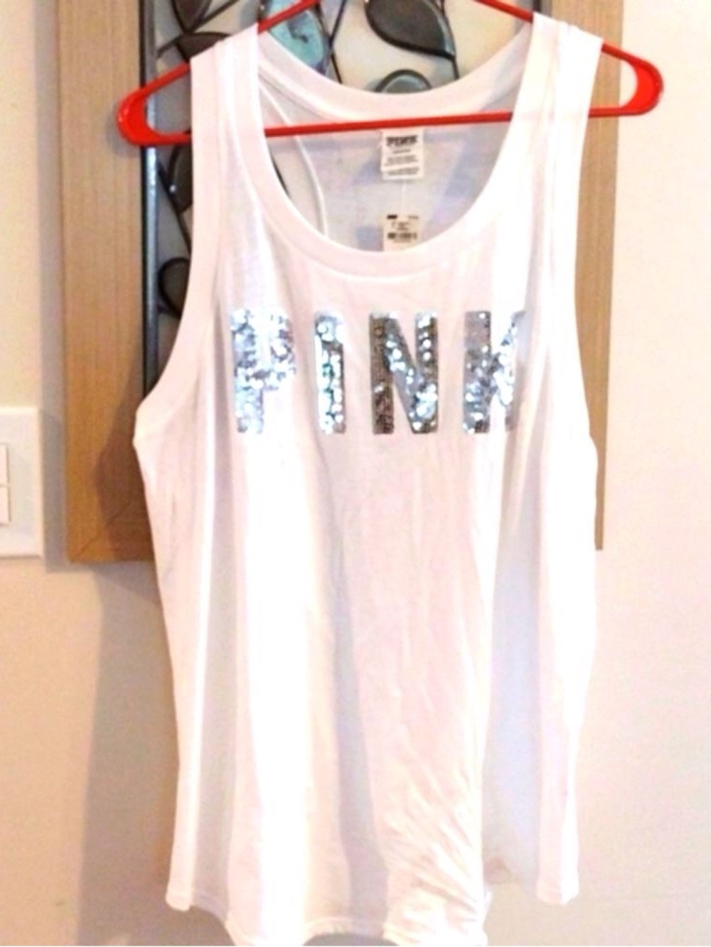 PINK Victoria's Secret White Tank with Silver Sequin Logo